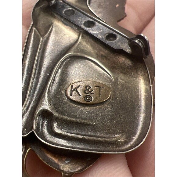 Vintage CAT PIN Signed K&T 3 Cats Brass Pewter Copper Tone Silver tone Brooch 3” - Picture 6 of 7